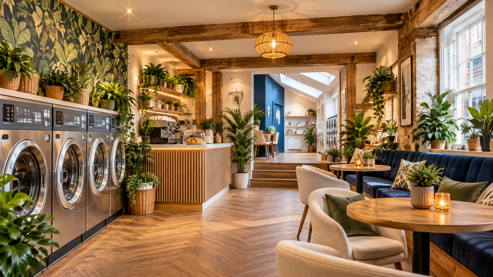 The Laundry Club concept — a modern laundrette with botanical interiors, comfortable seating and café-style surroundings